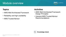 Module overview 
Topics 
• AWS Well-Architected Framework 
• Reliability and high availability 
• AWS Trusted Advisor 
 
Acti