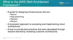 What is the AWS Well-Architected 
Framework? 
• A guide for designing infrastructures that are: 
Secure 
High-performing 
