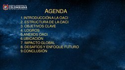 AGENDA
1.INTRODUCCIÓN A LA OACI
2. ESTRUCTURA DE LA OACI
3. OBJETIVOS CLAVE
4. LOGROS
5.ANEXOS OACI
6.UBICACIÓN
7. IMPACTO GL