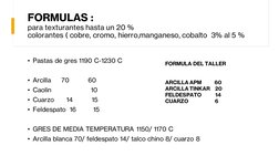 FORMULAS :
para texturantes hasta un 20 %
colorantes ( cobre, cromo, hierro,manganeso, cobalto 3% al 5 %
• Pastas de gres 119