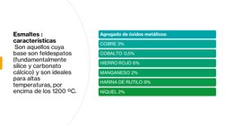Esmaltes : 
características
Son aquellos cuya 
base son feldespatos 
(fundamentalmente 
sílice y carbonato 
cálcico) y son id