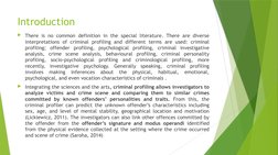 Introduction
There is no common definition in the special literature. There are diverse 
interpretations of criminal profili