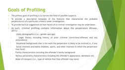 Goals of Profiling

The primary goal of profiling is to narrow the field of possible suspects.

To provide a descriptive te