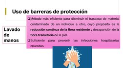 Lavado 
de 
manos 
Método más eficiente para disminuir el traspaso de material
contaminado de un individuo a otro, cuyo prop