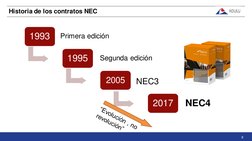 Historia de los contratos NEC
81993
Primera edición
Primera edición1995Segunda edición
2005
NEC3
2017
NEC4“Evolución , no 
re