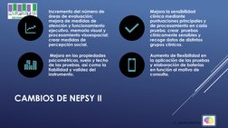 CAMBIOS DE NEPSY II
Incremento del número de 
áreas de evaluación; 
mejora de medidas de 
atención y funcionamiento 
ejecutiv