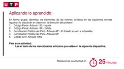 Aplicando lo aprendido:
En forma grupal, identifica los elementos de las normas jurídicas en las siguientes normas
legales y