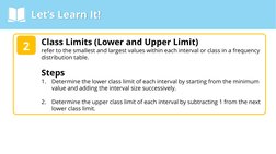 Let’s Learn It!
Class Limits (Lower and Upper Limit)
refer to the smallest and largest values within each interval or class i