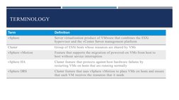 TERMINOLOGY
Term
Definition
vSphere
Server virtualization product of VMware that combines the ESXi 
hypervisor and the vCente
