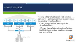 ABOUT VSPHERE
Virtual Infrastructure
vSphere is the virtualization platform that 
includes two core administrative components