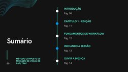 Sumário
INTRODUÇÃO
Pág. 08
CAPÍTULO 1 - EDIÇÃO
Pág. 11
FUNDAMENTOS DE WORKFLOW
Pág. 12
INICIANDO A SESSÃO
Pág. 13
OUVIR A MÚS