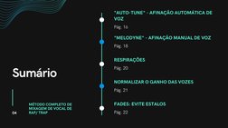 Sumário
"AUTO-TUNE" - AFINAÇÃO AUTOMÁTICA DE
VOZ
Pág. 16
"MELODYNE" - AFINAÇÃO MANUAL DE VOZ
Pág. 18
RESPIRAÇÕES
Pág. 20
NORM