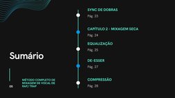 Sumário
SYNC DE DOBRAS
Pág. 23
CAPÍTULO 2 - MIXAGEM SECA
Pág. 24
EQUALIZAÇÃO
Pág. 25
DE-ESSER
Pág. 27
COMPRESSÃO
Pág. 28
05
M