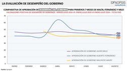COMPARATIVA DE APROBACIÓN DE 
PARA PRIMEROS 7 MESES DE MACRI, FERNÁNDEZ Y MILEI
VALORACIONES POSITIVAS DE DESEMPEÑO DE GOBIER