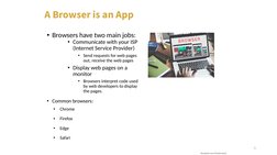 5
A Browser is an App
• Browsers have two main jobs:
• Communicate with your ISP 
(Internet Service Provider)
• Send requests