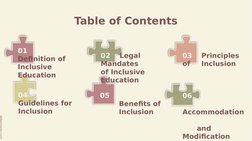 Table of Contents
01
Definition of 
Inclusive 
Education
02
Legal 
Mandates 
of Inclusive 
Education
04
Guidelines for 
Inclu