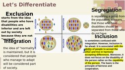 Let’s Differentiate
Exclusion
starts from the idea 
that people who have 
disabilities are 
inferior and are left 
out by soc