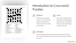 Introduction to Crossword 
Puzzles
1
Objective
The goal of a crossword 
puzzle is to fill in the blank 
spaces with words tha