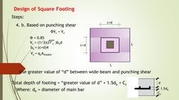 Design of Square Footing
Steps:
4. b. Based on punching shear
ΦVc = Vu
Φ = 0.85
Vc = (1/3)(  f’c  )bod
Vu = quAshaded
c+d
c+d
