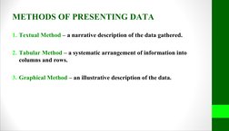 METHODS OF PRESENTING DATA
1. Textual Method – a narrative description of the data gathered.
2. Tabular Method – a systematic