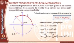 3
RAZONES TRIGONOMÉTRICAS DE NÚMEROS REALES
Las razones trigonométricas de un número real θ son iguales a las razones
trigono
