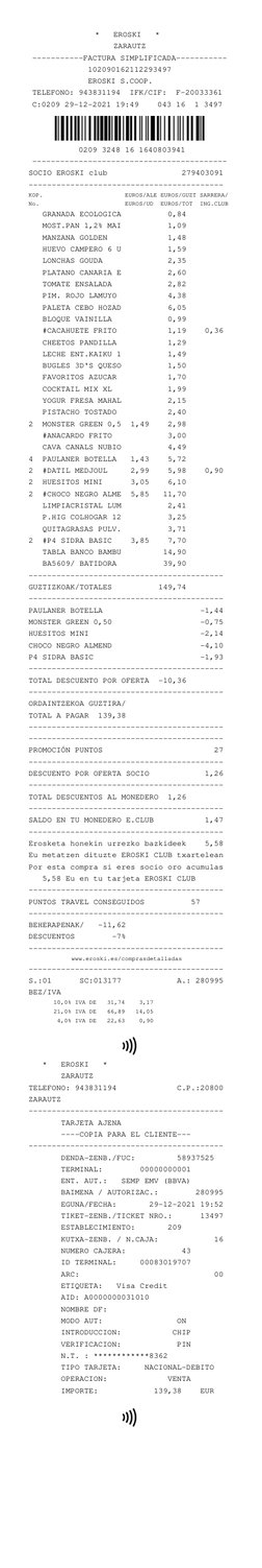 *   EROSKI   *    
       ZARAUTZ       
-----------FACTURA SIMPLIFICADA-----------
            102090162112293497