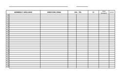 NOMBRES Y APELLIDOS
DIRECCION /ZONA
CEL - TEL
CI
FECHA
BAUTIZO
NACIMIENTO
20
21
22
23
24
25
26
27
28
29
30
31
32
33
34
35
36