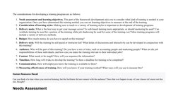 The considerations for developing a training program are as follows:
1. Needs assessment and learning objectives. This part o