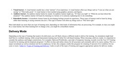 1. Visual learner. A visual learner usually has a clear “picture” of an experience. A visual learner often says things such a