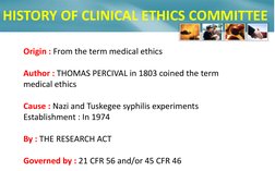 Origin : From the term medical ethics 
  
Author : THOMAS PERCIVAL in 1803 coined the term 
medical ethics  
 
Cause : Nazi a