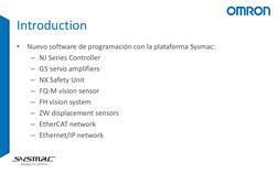 Introduction 
•
Nuevo software de programación con la plataforma Sysmac: 
– NJ Series Controller 
– G5 servo amplifiers 
– NX
