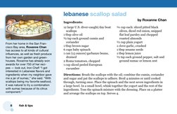 8
fish & tips
 
Ingredients: 
Directions: Brush the scallops with the oil; combine the cumin, coriander 
and sugar and pat th