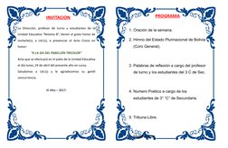 INVITACION
La Dirección, profesor  de turno  y estudiantes  de  la
Unidad Educativa “Retama B”, tienen el grato honor de
invi