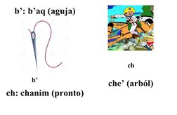 b’: b’aq (aguja)
ch: chanim (pronto)
che’ (arból)
b’
ch
