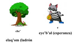 elaq’om (ladrón
eye’b’al (esperanza)
che’
e
