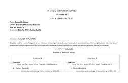 TEACHING MULTIGRADE CLASSES 
ACTIVITY # 8
UNIT 6: LESSON PLANNING  
Name: Rommel P. Hilongo
Course: Bachelor of Elementary Ed