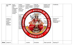 up to 999 
999
ing of 
addition 
and 
subtraction
of whole 
numbers 
including 
money.
ordinal 
numbers up
to 100th in 
vario