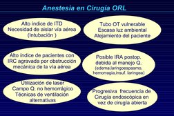 Anestesia en Cirugía ORL
Alto índice de ITD
Necesidad de aislar vía aérea
(Intubación )
Alto índice de pacientes con
IRC