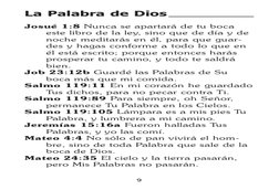 9
La Palabra de Dios
Josué 1:8 Nunca se apartará de tu boca
este libro de la ley, sino que de día y de
noche meditarás en él,
