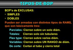 5
BOP’s de EXCLUSAS:
•  SIMPLES
•  DOBLES
Pueden ser armadas con distintos tipos de RAMS, 
que son básicamente tres:
Parciale