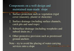 Components on a well-design and 
maintained man-made  slope
1. Surface protection such as vegetation (rigid 
cover (masonry,