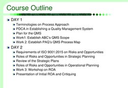 Course Outline
DAY 1
Terminologies on Process Approach
PDCA in Establishing a Quality Management System
Plan for the QMS
Work