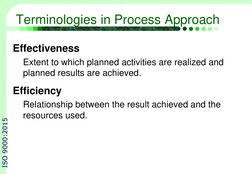 Terminologies in Process Approach
Effectiveness
Extent to which planned activities are realized and 
planned results are achi