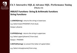 Ch 3- Interactive SQL & Advance SQL: Performance Tuning 
(Marks-14)
INBUILT Functions- String & Arithmatic functions
String