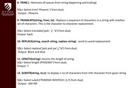 8. TRIM( ) : Removes all spaces from string (beginning and trailing)
 
SQL> Select trim(‘ Phoenix ‘) from dual;
 Output : Pho