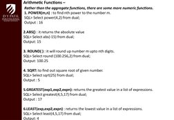 Arithmetic Functions –
 Rather than the aggregate functions, there are some more numeric functions.
 1. POWER(m,n) : to find