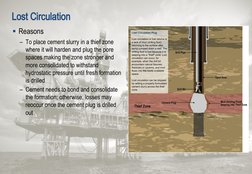 Lost Circulation
 Reasons
– To place cement slurry in a thief zone
where it will harden and plug the pore 
spaces making the