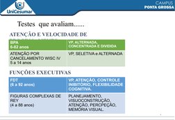 4
Testes  que avaliam...... 
ATENÇÃO E VELOCIDADE DE 
PROCESSAMENTO
BPA
6-82 anos
VP, ALTERNADA, 
CONCENTRADA E DIVIDIDA
ATEN
