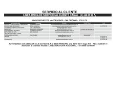 SERVICIO AL CLIENTE
UN DE REPUESTOS y ACCESORIOS • FAX OFICINAS:  373 03 75
LINEA ÚNICA DE SERVICIO AL CLIENTE CANAL