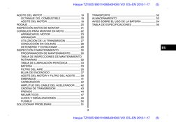 ES
Haojue TZ150S 99011H36640H000 V01 ES+EN 2015-1-17
(5)
ACEITE DEL MOTOT
19
OCTANAJE DEL COMBUSTIBLE
19
ACEITE DEL MOTOR
19
